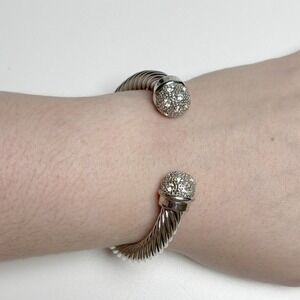 Vtg Silver Twisted Cable Cuff Bracelet with Pavé Crystal End Caps Open Bangle